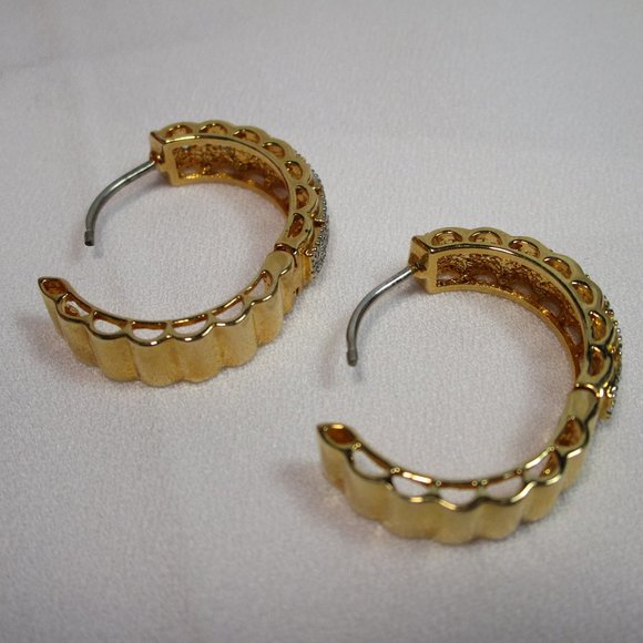 Rose Gold and Silver Tone/CZ Hinge Hoop Earrings - Picture 7 of 11